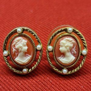 Vintage Gold Tone Faux Pearl Cameo Earrings
